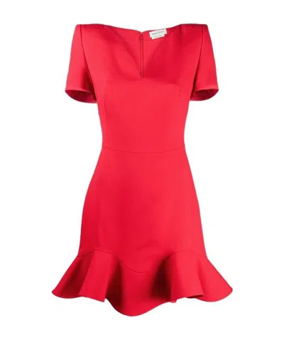 Alexander Mcqueen V-neck Frilled Hem Dress In Red