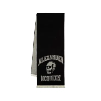 Alexander Mcqueen Varsity Logo Skul Scarf - Wool - Black/ivory