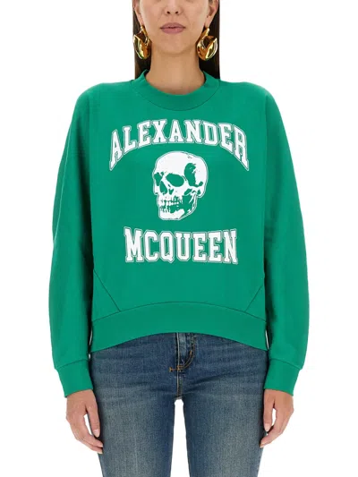 Alexander Mcqueen Varsity Skull Logo Sweatshirt In Green