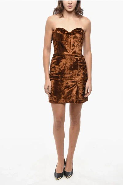 Alexander Mcqueen Velour Strapless Sheath Dress With Sweetheart Neckline In Brown