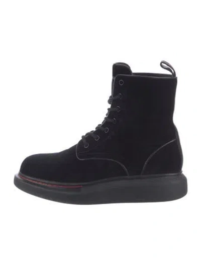 Pre-owned Alexander Mcqueen Velvet Leather Trim Embellishment Combat Boots In Black