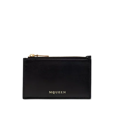 Alexander Mcqueen Logo Stamped Leather Zip Cardholder In Black