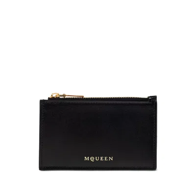 Alexander Mcqueen Logo Stamped Leather Zip Cardholder In Black