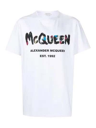 Alexander Mcqueen Watercolour Graffiti Print Tee In White
