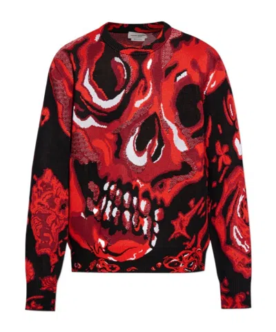 Alexander Mcqueen Wax Flower Skull Jumper In Black/lust Red