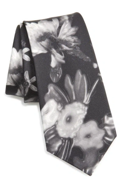 Alexander Mcqueen Wax Rose Silk Tie In Black