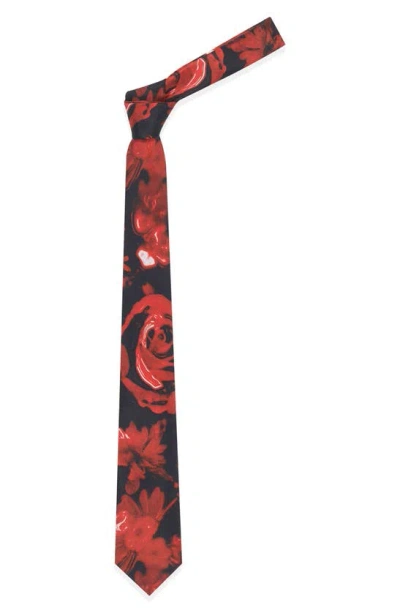 Alexander Mcqueen Wax Rose Silk Tie In Black/red