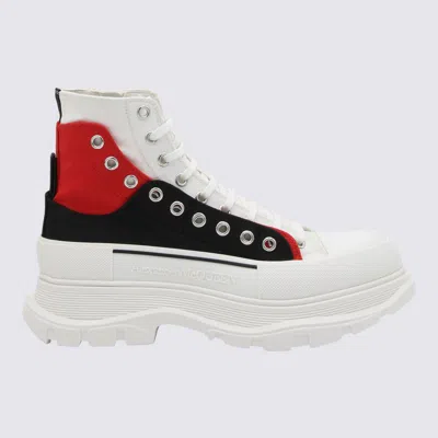 Alexander Mcqueen White Black And Red Canvas Tread Slick Lace Up Fastening Boots