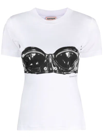 ALEXANDER MCQUEEN WHITE BUSTIER PRINT COTTON T-SHIRT