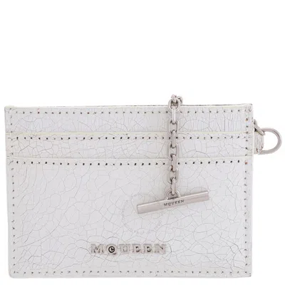 Alexander Mcqueen White / Cognac / Silver Men's Crackled Leather Card Holder Sling In Brown/white/silver Tone