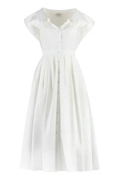 Alexander Mcqueen White Cotton Long Dress With Pleated Detail And Classic Collar For Women