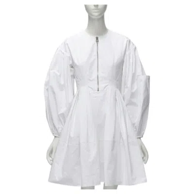 Pre-owned Alexander Mcqueen White Cotton Silver Zip Front Puff Sleeve Flared Dress It36 Xs