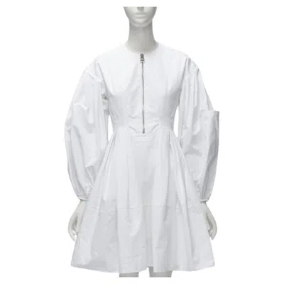 Pre-owned Alexander Mcqueen White Cotton Silver Zip Front Puff Sleeve Flared Dress It36 Xs