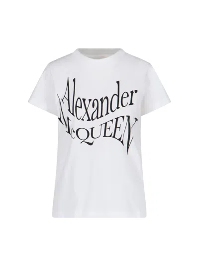 Alexander Mcqueen White Cotton T-shirt With Bold Black Logo Print In Multicolor