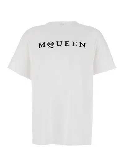 Alexander Mcqueen White Crewneck T-shirt With Logo Lettering On The Front In Cotton Man