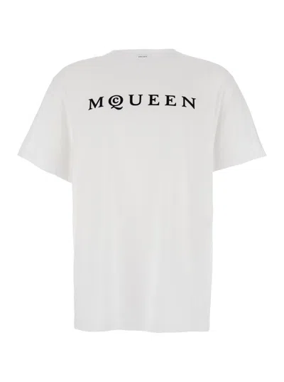 Alexander Mcqueen White Crewneck T-shirt With Logo Lettering On The Front In Cotton Man