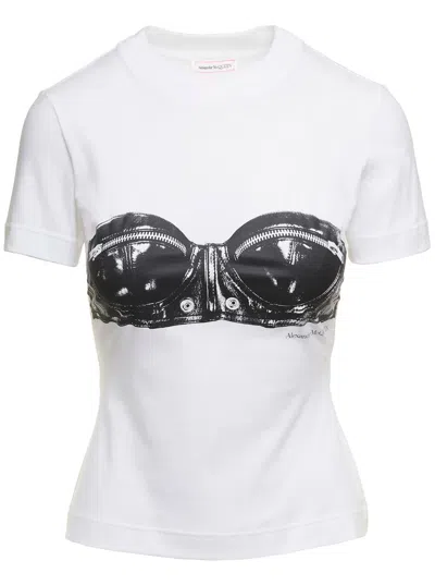 ALEXANDER MCQUEEN WHITE FITTED T-SHIRT WITH BUSTIER PRINT IN COTTON WOMAN