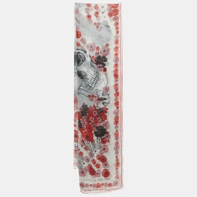 Pre-owned Alexander Mcqueen White Floral And Skull Print Silk Scarf