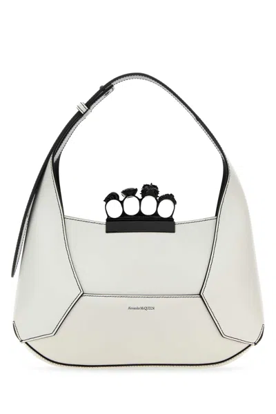 Alexander Mcqueen White Leather Jewelled Hobo Handbag In Softivory