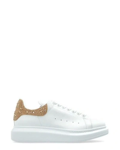 Alexander Mcqueen White Leather Sneakers With Embellished Suede Heel