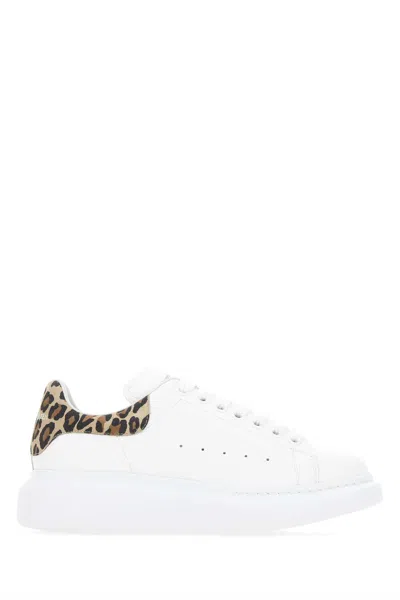 Alexander Mcqueen White Leather Sneakers With Printed Suede Leather Heel