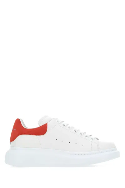 Alexander Mcqueen White Leather Sneakers With Red Suede Heel In 9676