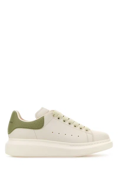 Alexander Mcqueen White Leather Sneakers With Sage Green Leather Heel In Neutral