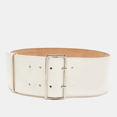 Pre-owned Alexander Mcqueen White Leather Wide Buckle Belt 75cm