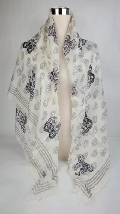 Alexander Mcqueen White Modal Skull/crystal Ribbon Bow Print Scarf In Gray