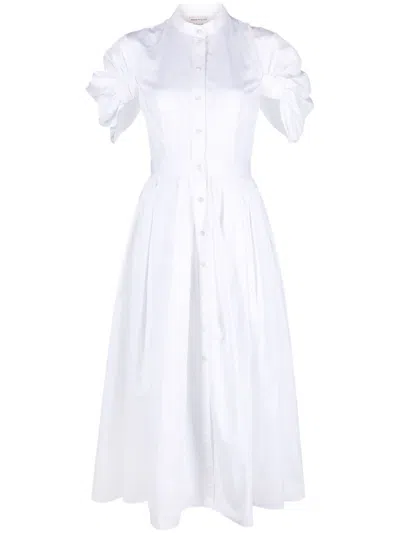 ALEXANDER MCQUEEN WHITE ORGANIC COTTON MIDI DRESS WITH RUCHED DETAILING AND EMBOSSED BUTTONS