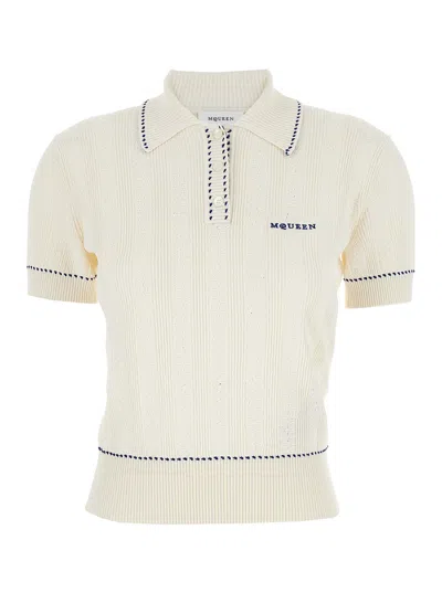 ALEXANDER MCQUEEN ALEXANDER MCQUEEN WOMEN WHITE POLO SHIRT WITH CLASSIC COLLAR AND LOGO LETTERING EMBROIDERY ON THE FR
