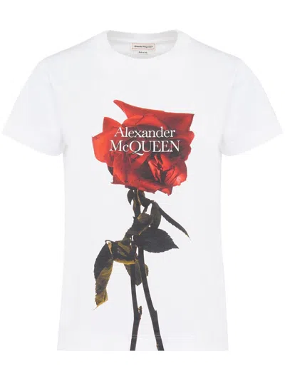 ALEXANDER MCQUEEN WHITE PRINTED COTTON T-SHIRT WITH LOGO AND ROSE DESIGN