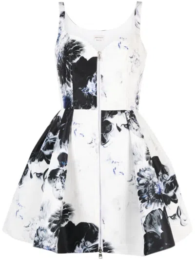 ALEXANDER MCQUEEN WHITE PRINTED FLARED SHORT DRESS