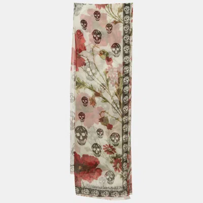 Pre-owned Alexander Mcqueen White Rose And Skull Print Silk Scarf