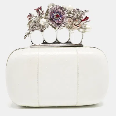 Pre-owned Alexander Mcqueen White Snakeskin Floral Embellished Knuckle Clutch