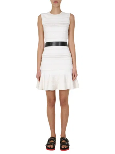 Alexander Mcqueen White Textured Round Neck Mini Dress In Animal Print