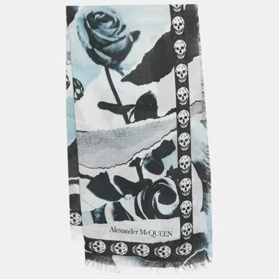 Pre-owned Alexander Mcqueen White/blue Skull Print Silk Blend Scarf