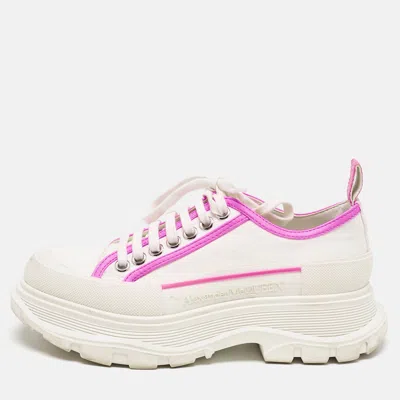 Pre-owned Alexander Mcqueen White/neon Pink Canvas And Leather Slick Chunky Sneakers Size 38.5