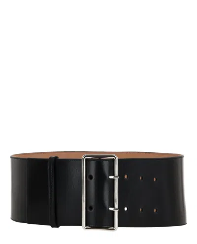 Alexander Mcqueen Leather Belt With Silver-tone Buckle 85mm In Black