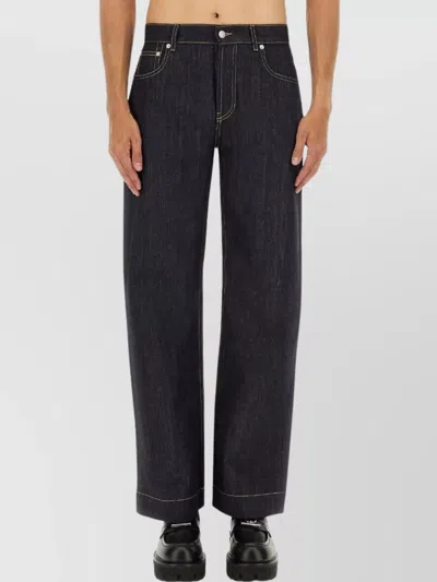 Alexander Mcqueen Wide Leg Denim Contrast Stitching In Blue