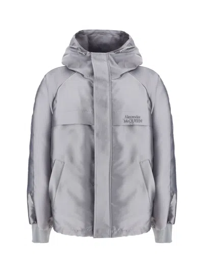 Alexander Mcqueen Gray Logo-embroidered Hooded Jacket In Grey