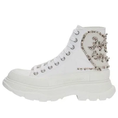 Alexander Mcqueen Crystal Embellished Tread Boots Woman Ankle Boots White Size 8 Cotton