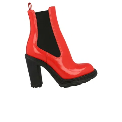 Pre-owned Alexander Mcqueen Wmns Tread Heeled Chelsea Boot 'poppy Red Black' | Women's Size 35