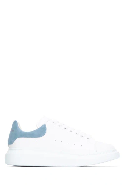 Alexander Mcqueen Woman White Leather Sneakers With Pastel Light Blue Sued