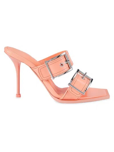 Alexander Mcqueen Women's 100mm Buckled Leather Sandal Mules In Orange