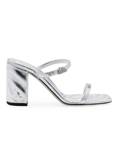 Alexander Mcqueen Women's 90mm Metallic Leather Block-heel Sandals In Silver
