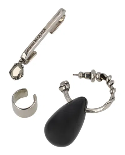 Pre-owned Alexander Mcqueen Women's  3piece Stone Ear Hook Set In Silver/black
