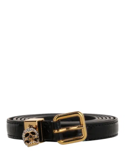 Pre-owned Alexander Mcqueen Women's  Skull Croc Embossed Double Belt Goldtone In Black