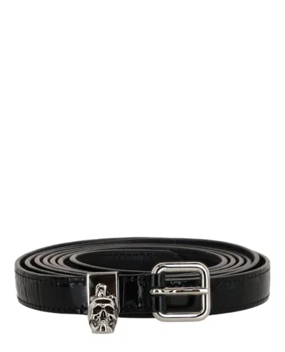 Pre-owned Alexander Mcqueen Women's  Skull Croc Embossed Double Belt Silvertone In Black
