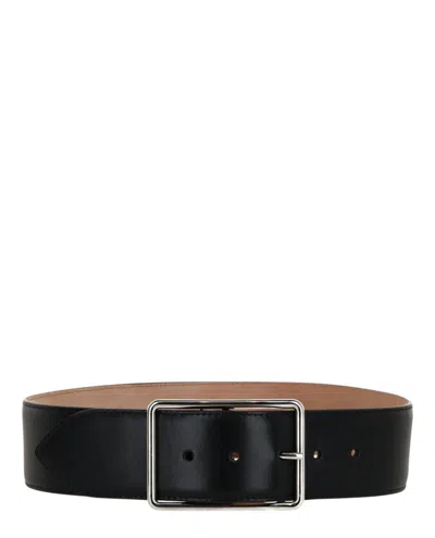 Pre-owned Alexander Mcqueen Women's  Wide Leather Belt Silvertone In Black
